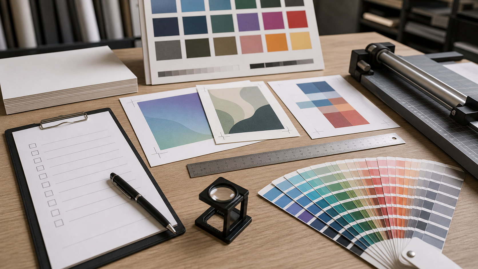 Scrivania di stampa con campionario colori, prove di stampa e taglierina
